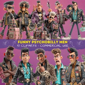 Puede incluir: Una colección de figuras estilo caricatura vestidas con atuendos rockabilly, incluyendo chaquetas de cuero, camisas con estampado de leopardo y peinados de punta. La imagen contiene el texto FUNNY PSYCHOBILLY MEN 51 CLIPARTS - COMMERCIAL USE.