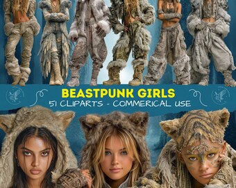 Pacchetto di clipart di ragazze Beastpunk, ragazza animale cyberpunk, arte digitale PNG, personaggi femminili fantasy e di fantascienza, donna realistica per scrapbooking