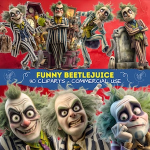 Op de afbeelding: Een verzameling cartoonafbeeldingen met een personage met groen haar, een bleek gezicht en een gestreept pak. De afbeeldingen bevatten de tekst "FUNNY BEETLEJUICE 30 CLIPARTS - COMMERCIAL USE". De achtergrond is rood.