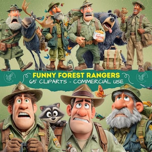 Puede incluir: Ilustración digital de guardabosques de dibujos animados y animales del bosque. Los guardabosques visten uniformes y sombreros verdes. La imagen incluye el texto "FUNNY FOREST RANGERS" y "65 CLIPARTS - COMMERCIAL USE".