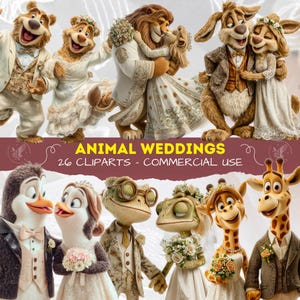 May include: A selection of 3D cartoon animal wedding clip art. The image shows various animals, including bears, lions, rabbits, penguins, frogs, and giraffes, in wedding attire. Text on the image reads "ANIMAL WEDDINGS" and "26 CLIPARTS - COMMERCIAL USE."