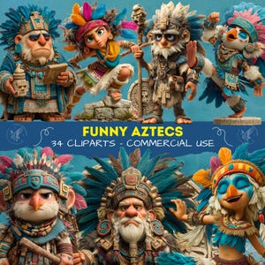 May include: A collection of cartoon Aztec characters with vibrant blue, teal, pink, and orange feathered headdresses and clothing. The image includes the text "FUNNY AZTECS" and "34 CLIPARTS - COMMERCIAL USE".