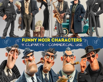 Noir Movie Characters Clipart, Quirky 1940s Style Detective, Criminal & Mystery Illustrations, Dark Comedy Noir 3D Cartoon PNG