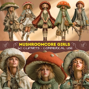 Pode incluir: Imagem de arte digital com várias meninas vestidas com roupas com tema de cogumelos. As meninas usam chapéus em forma de cogumelo e vestidos em tons terrosos. A imagem inclui o texto "MUSHROOMCORE GIRLS - 60 CLIPARTS - COMMERCIAL USE."