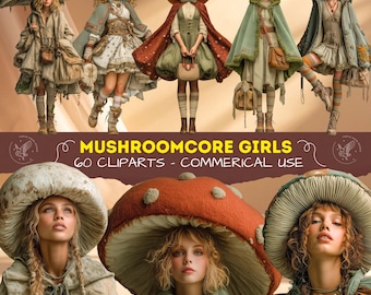 Mushroomcore Girls Clipart Set, Cute Fairy Girls with Mushrooms, Whimsical Forest PNG, Cottagecore Mushroom Commercial Use