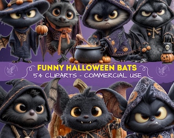 Divertente pacchetto di clipart di pipistrelli di Halloween, pipistrello spettrale in formato PNG, pipistrello strega carino, pipistrelli horror, pipistrelli terrificanti, animale domestico spaventoso per scrapbooking in stile cartone animato.