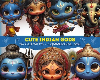 Pacchetto PNG di mitologia carina / Pacchetto di arte digitale di divinità indiane Clipart Bundle / Personaggi mitologici PNG / Mito carino, Vishnu, Shiva, Brahma