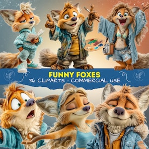 May include: A collection of six cartoon foxes with orange and white fur, each in different poses and outfits. The image includes the text "FUNNY FOXES" and "36 CLIPARTS - COMMERCIAL USE" in a blue banner.