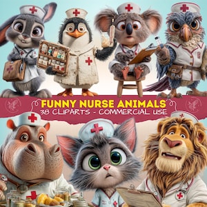 Puede incluir: Ilustración digital de animales de dibujos animados vestidos de enfermeros. La imagen incluye un conejo, un pingüino, un koala, un búho, un hipopótamo, un gato y un león, todos con uniformes de enfermero y gorros con una cruz roja. El texto dice "FUNNY NURSE ANIMALS 38 CLIPARTS - COMMERCIAL USE."