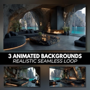 Può includere: Un concept di interior design con un moderno soggiorno con vista sull'oceano. La stanza ha uno schema di colori scuri, con un grande divano, un tavolino in pietra e un camino. Viene visualizzato il testo "3 ANIMATED BACKGROUNDS REALISTIC SEAMLESS LOOP".