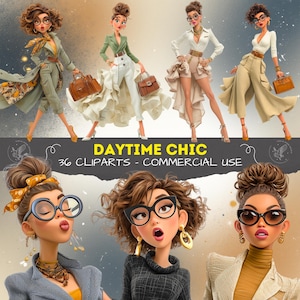 Clipart-samling för dagtidsmode för kvinnor, snygga moderna kvinnliga illustrationer för scrapbooking, eleganta kvinnliga karaktärer PNG