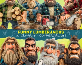 Set di clipart divertenti di boscaioli, taglialegna barbuti PNG, personaggi rustici della foresta PNG per scrapbooking, adesivi, immagini stampabili