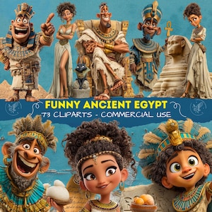 May include: A digital illustration featuring cartoon characters in Ancient Egyptian attire. The image includes the text "FUNNY ANCIENT EGYPT - 73 CLIPARTS - COMMERCIAL USE". The characters are in various poses, with vibrant colors and exaggerated features.
