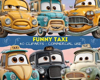 Pacchetto di clipart di taxi divertenti, taxi antropomorfi carini in formato PNG, auto dei cartoni animati stravaganti, clipart di veicoli kawaii, album di ritagli, agenda, adesivi