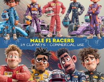 Formula 1 Drivers Clipart, F1 Racing Cars PNG, High-Speed Racing, Motorsport Artwork for Scrapbooking, Junk Journal, Cartoon Cars