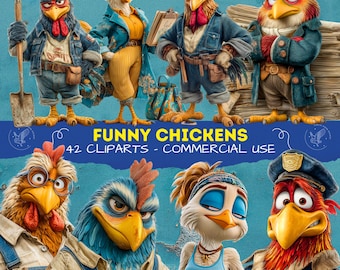 Anthropomorphic Funny Chickens Clipart – Cute Cartoon Farm Animals, Whimsical Hen PNG, Scrapbooking Pet Images 300 dpi
