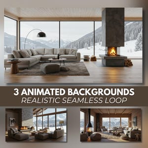 May include: An interior design image featuring a modern living room with a large sectional sofa, a fireplace, and a view of snow-covered mountains. The text at the bottom reads "3 Animated Backgrounds Realistic Seamless Loop."