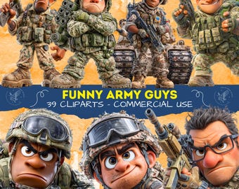 Funny Army Guys Clipart, Cartoon Military Men PNG, Silly Soldier Graphics, Silly Soldier Art for Scrapbooking 300 dpi
