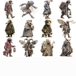 May include: A collection of twelve fantastical figures, each with unique animal-like features and elaborate costumes. The figures are in various poses, some holding lanterns or carrying floral arrangements. The color palette is muted, with earthy tones and touches of pastel.