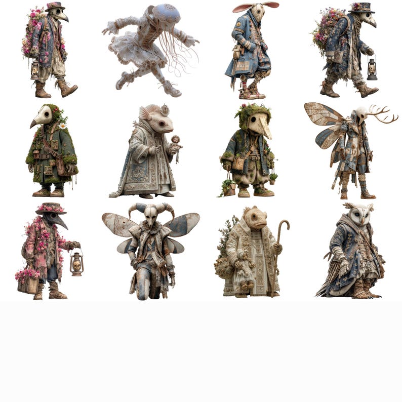 May include: A collection of twelve fantastical figures, each with unique animal-like features and elaborate costumes. The figures are in various poses, some holding lanterns or carrying floral arrangements. The color palette is muted, with earthy tones and touches of pastel.