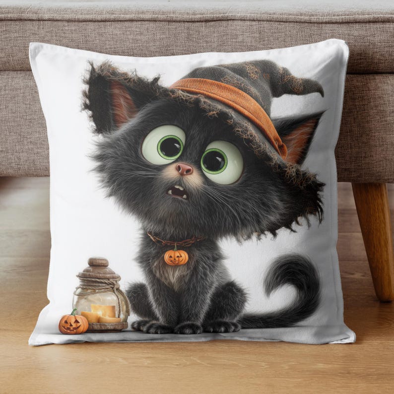 May include: A white throw pillow featuring a fluffy black kitten wearing a pointed witch hat with an orange band. The kitten has large green eyes and a collar with a small pumpkin charm. Beside the kitten sits a glass jar with a candle and a tiny pumpkin.