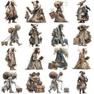 May include: A collection of whimsical, steampunk-inspired figures with avian, rodent, and insect-like features. Each figure is dressed in antique-style clothing, some carrying luggage, books, or small carts. The color palette is muted, with shades of beige, gray, and brown.