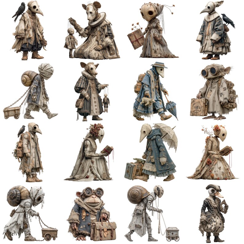 May include: A collection of whimsical, steampunk-inspired figures with avian, rodent, and insect-like features. Each figure is dressed in antique-style clothing, some carrying luggage, books, or small carts. The color palette is muted, with shades of beige, gray, and brown.