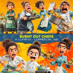 Op de afbeelding: Een digitale illustratie met cartoonkoks met overdreven frustratie-uitdrukkingen. De koks worden afgebeeld in verschillende kooksituaties, met potten, pannen en dienbladen met eten. De afbeelding bevat de tekst "BURNT OUT CHEFS - 31 CLIPARTS - COMMERCIAL USE."