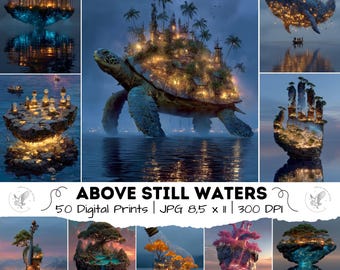 50 Printable Whimsical Wall Art Illustrations – Whimsical Scene Posters – Floating Biizarre Islands – High-Resolution Digital Art