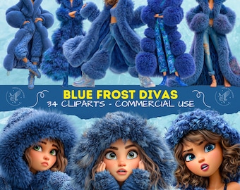 Blue Frost Women Clipart, Fashion Winter Girls in Blue Puffer Jackets, Glam Winter Woman for Scrapbooking PNG, High Quality
