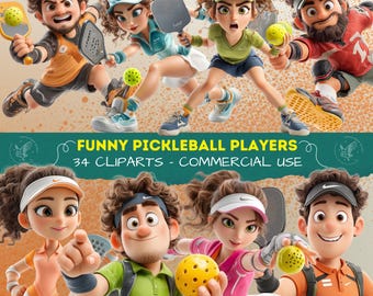 Clipart divertenti di giocatori di pickleball, immagini PNG di pickleball carine, clipart sportive divertenti, amanti del pickleball per scrapbooking, persone sportive carine