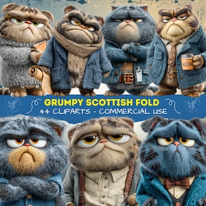 May include: A selection of grumpy Scottish Fold cat cliparts. The cats are dressed in various outfits, such as sweaters, jackets, and scarves. The image includes the text "GRUMPY SCOTTISH FOLD" and "44 CLIPARTS - COMMERCIAL USE". The cats have a stern expression.