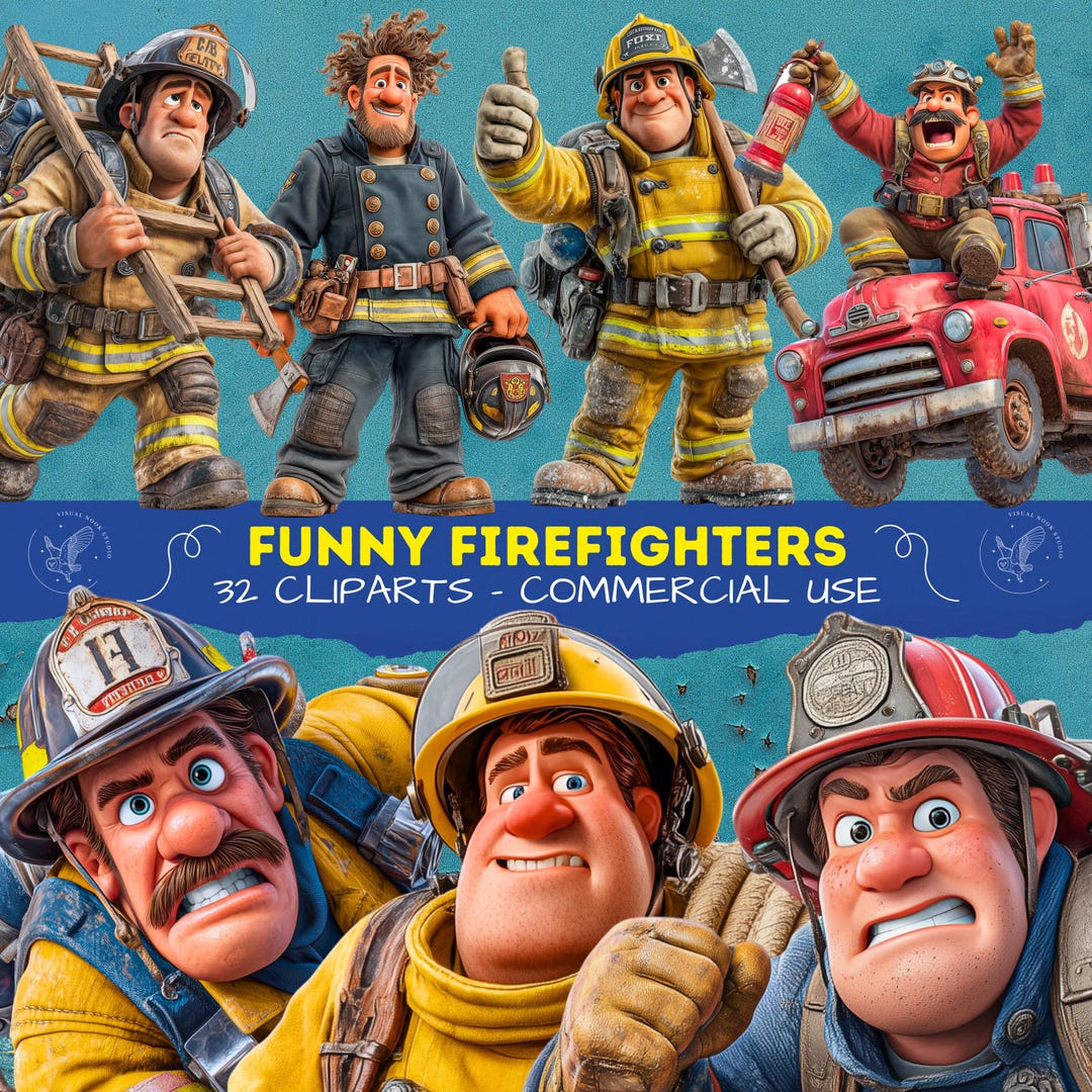 Firefighters Clipart Set, Cute Cartoon Firemen, Community Helpers ...