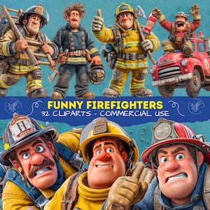 May include: A set of cartoon firefighters in different poses. The image shows several figures in yellow and tan uniforms, helmets, and equipment. The text "FUNNY FIREFIGHTERS" and "32 CLIPARTS - COMMERCIAL USE" is displayed.