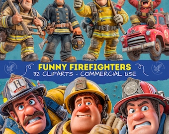 Firefighters Clipart Set,  Cute Cartoon Firemen, Community Helpers, Printable Frefighter PNG for Scrapbooking in 300 DPI