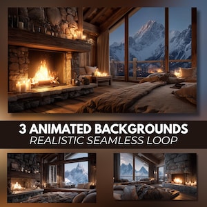 Puede incluir: Una escena interior acogedora con una chimenea de piedra, velas encendidas y una gran ventana con vistas a montañas nevadas. El texto "3 ANIMATED BACKGROUNDS REALISTIC SEAMLESS LOOP" está presente.