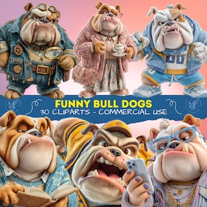 Puede incluir: Colección de imágenes prediseñadas digitales que presentan personajes de bulldog antropomórficos con varios atuendos. Los perros se representan con rasgos humanos, usando gafas, chaquetas y sosteniendo objetos como una lupa y una taza de té. Se muestra el texto "FUNNY BULL DOGS".