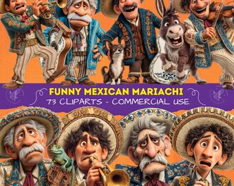 Divertenti clipart di mariachi messicani, gruppo folk messicano png, musicisti dei cartoni animati per scrapbooking, adesivi, clipart culturali messicane stampabili