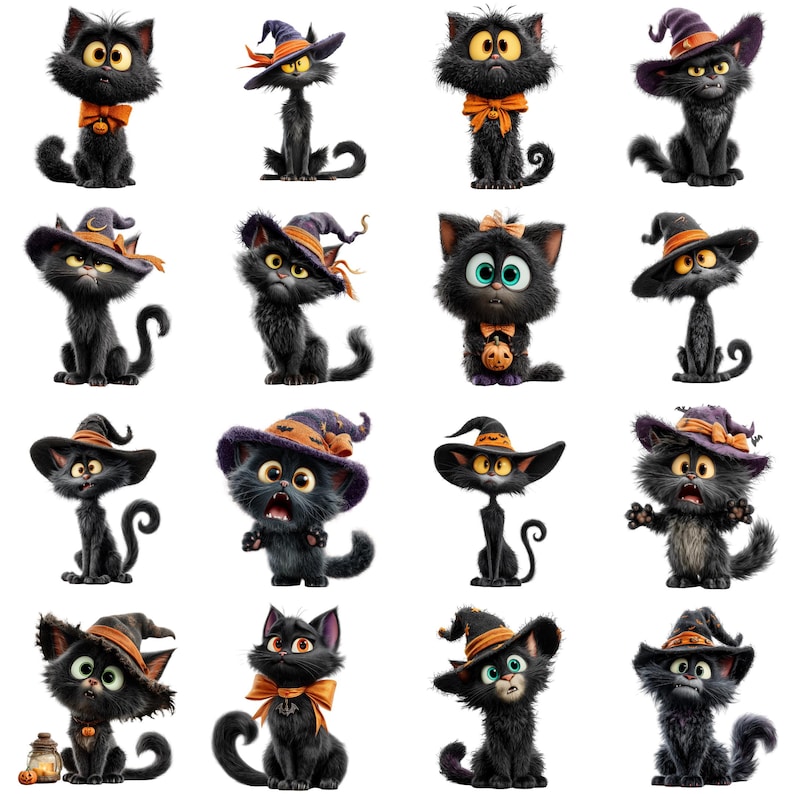 May include: A collection of sixteen illustrations featuring black cats in various poses and expressions. Many of the cats wear pointed purple and orange witch hats or orange bows. Some cats hold small pumpkins, while others have wide, expressive eyes.