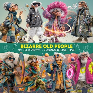 Imágenes prediseñadas de ancianos extravagantes, bizarras y peculiares: imágenes PNG de técnica mixta para uso comercial.