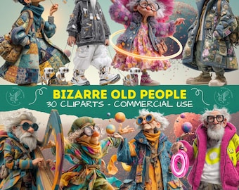 Whimsical Bizarre Quirky Old People Clipart: Mixed Media PNG Images for Commercial Use