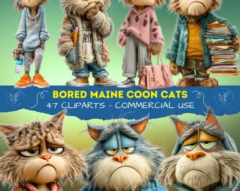 Immagini clipart di gatti Maine Coon annoiati, espressioni di gatti pigri, disegni di gatti indifferenti, clipart stampabili per uso commerciale per scrapbooking PNG