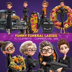 Puede incluir: Ilustración digital de mujeres de dibujos animados con atuendos negros, ataúdes y un coche antiguo. La imagen incluye el texto "FUNNY FUNERAL LADIES" y "70 CLIPARTS - COMMERCIAL USE". Las mujeres tienen diferentes expresiones y poses.