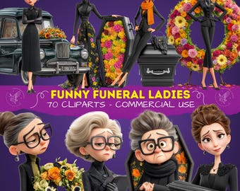 Funny Funeral Ladies Clipart, Quirky Undertaker Women Cliparts, Dark Humor Fun for Scrapbooking, Cute Mortuary Women for Stickers PNG