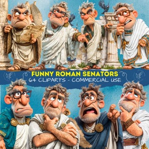 64 zabawne kliparty z senatorami rzymskimi, postacie z kreskówek starożytnego Rzymu do naklejek i scrapbookingu, oryginalne kliparty z senatorami rzymskimi PNG 300 dpi