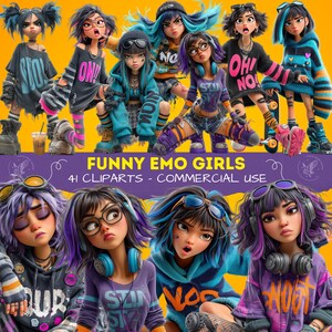 Pode incluir: Uma coleção digital de 41 personagens ilustrados com vários trajes emo, cabelo colorido, auscultadores e óculos, sobre um fundo amarelo com o texto FUNNY EMO GIRLS 41 CLIPARTS - COMMERCIAL USE.