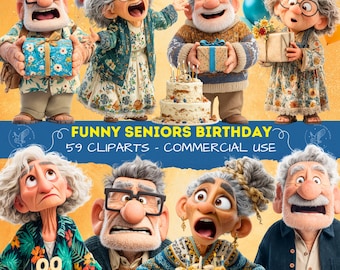 Funny Seniors Birthday Clipart,Humorous Party Graphics for Cards & Invitations, Silly Cliparts, Funny Cakes, Balloons and Party Designs