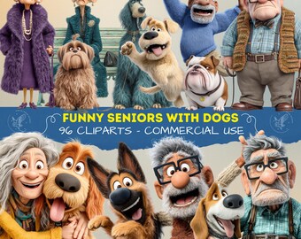 Funny Seniors with Dogs Clipart, Cute Elderly People and Pets, Senior Citizens with Dogs Cliparts for Scrapbooking, Junk Journal, Planner