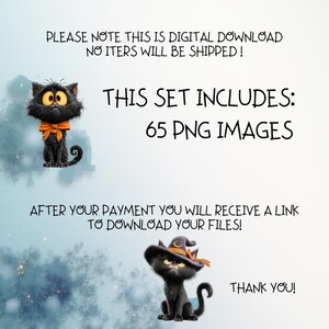 May include: A digital download set featuring 65 PNG images of black cats. One cat wears an orange bow, and another wears a witch hat. Text reads: PLEASE NOTE THIS IS DIGITAL DOWNLOAD NO ITERS WILL BE SHIPPED! THIS SET INCLUDES: 65 PNG IMAGES AFTER YOUR PAYMENT YOU WILL RECEIVE A LINK TO DOWNLOAD YOUR FILES! THANK YOU!