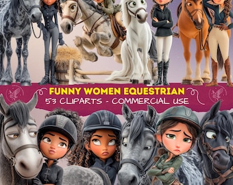 Funny Women Equestrian Clipart Set, Female Horse Riders PNG, Women Horse Riding, Quirky Women Cliparts for Scrapbooking, Stickers, PNGs